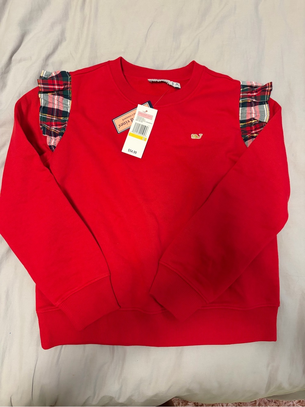 Vineyard Vines Red Sweatshirt with Plaid Ruffle Shoulders